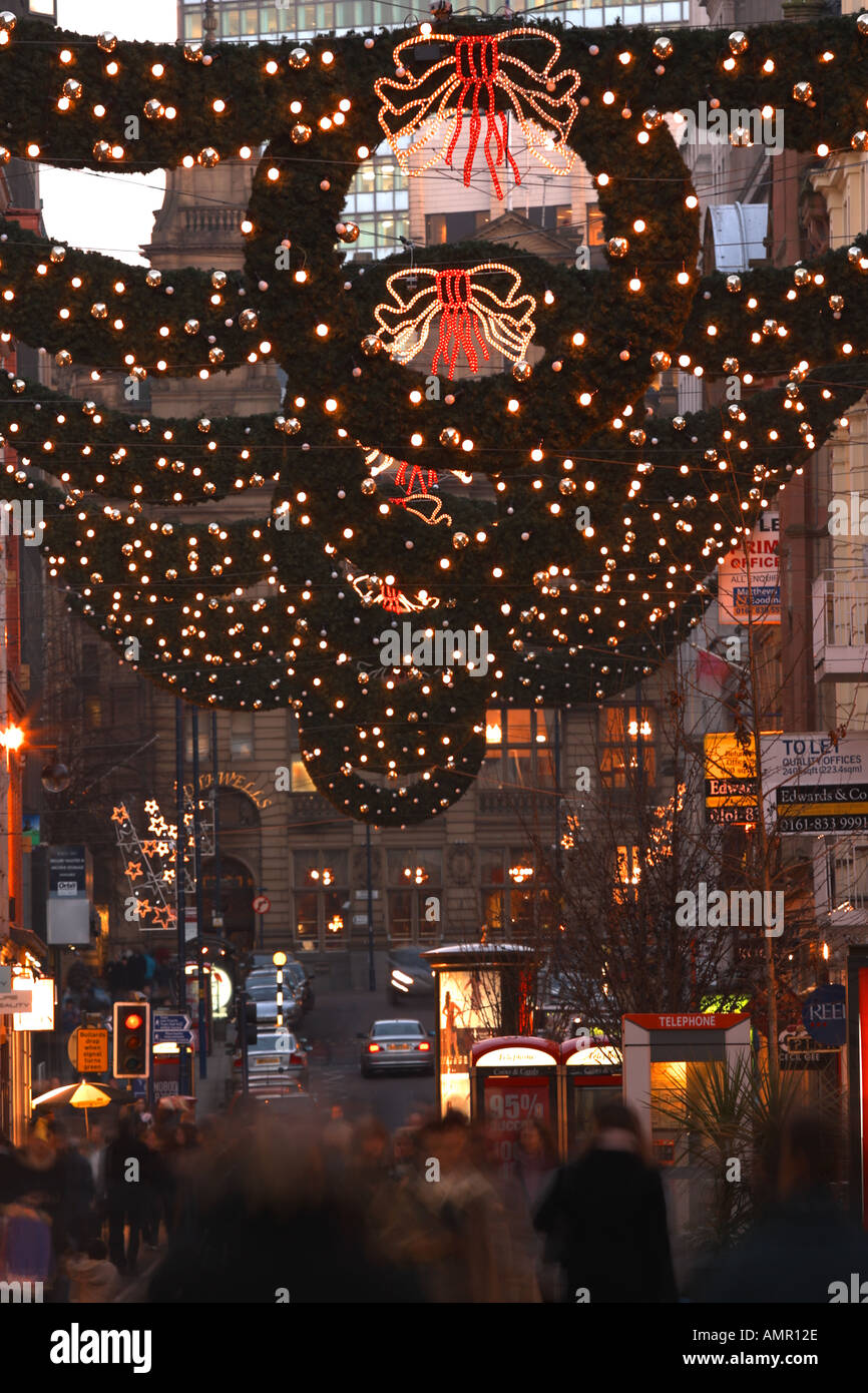 Christmas lights above a city centre street Manchester Stock Photo