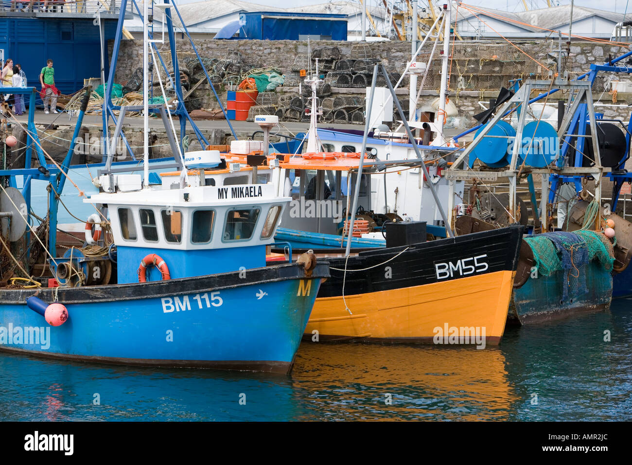 Fishing Boats moored in Brixham Harbour, Devon Stock Photo