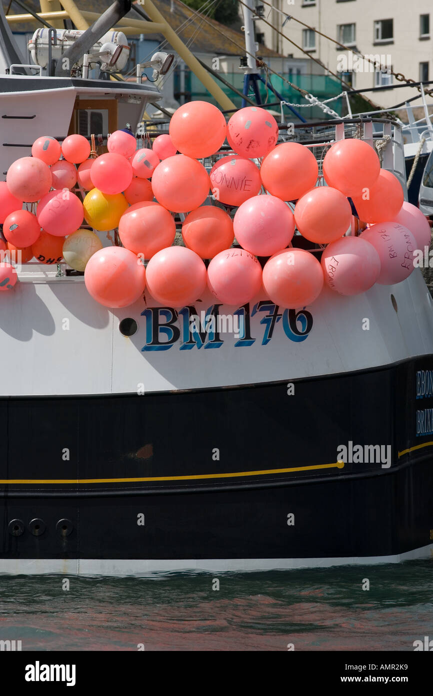 Marker Buoys on Fishing Boat in Brixham Harbour Stock Photo