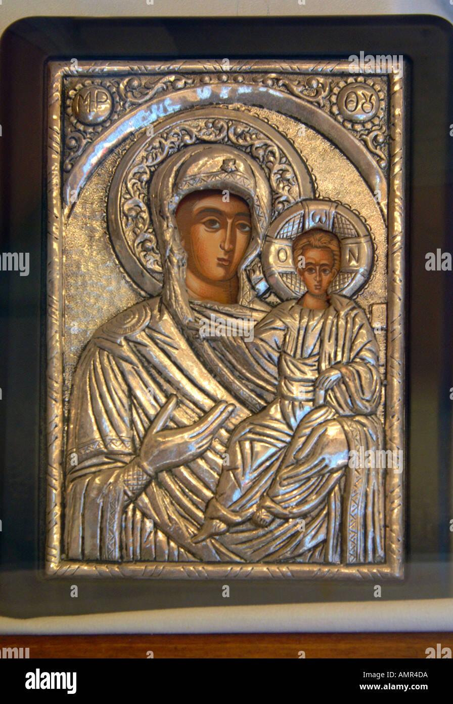 Greek Orthodox church Silver Icon Virgin Mary with Christ Child Stock Photo