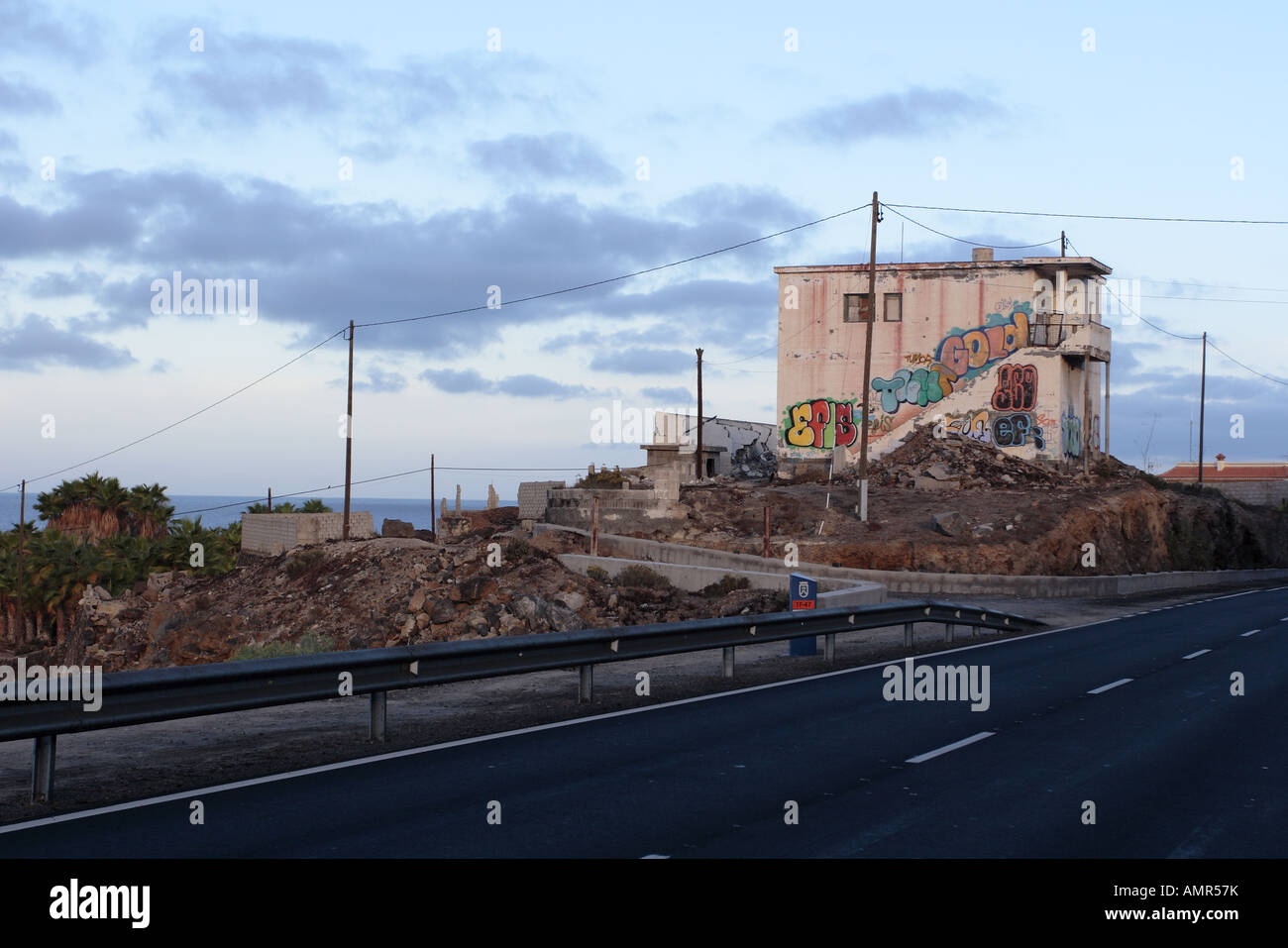 Graffiti on derelict farmhouse by the side of the road between Alcala and El Varadero Tenerife Canary Islands Stock Photo