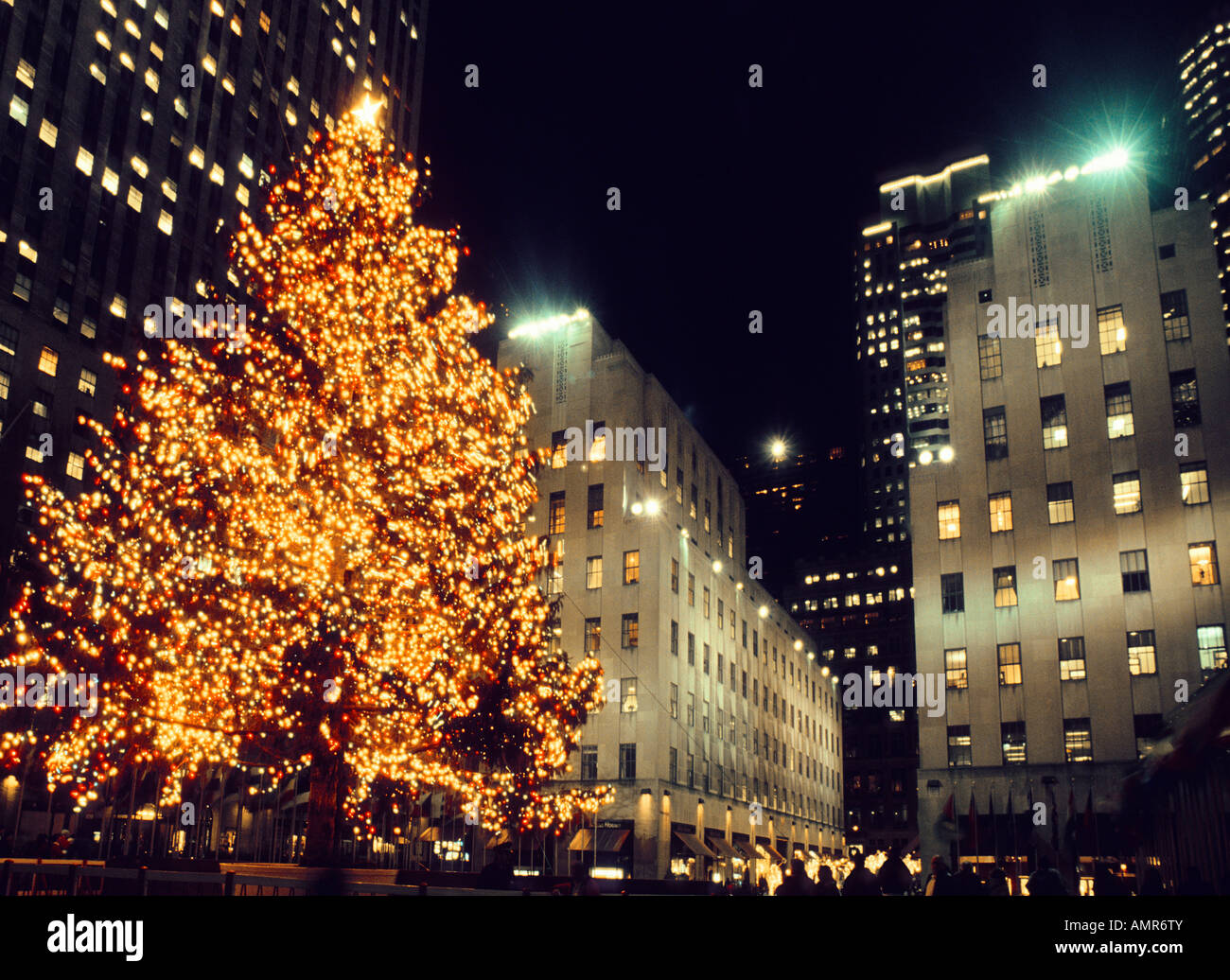 Christmas tree, at New York City Rockefeller Center Plaza, lit at night