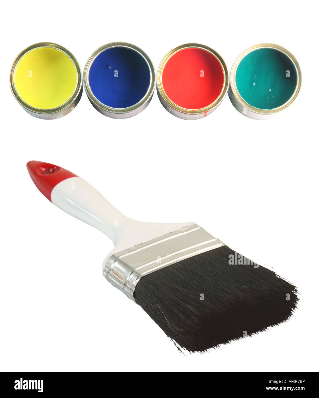 four color cans and a big paint brush totaly isolated on white