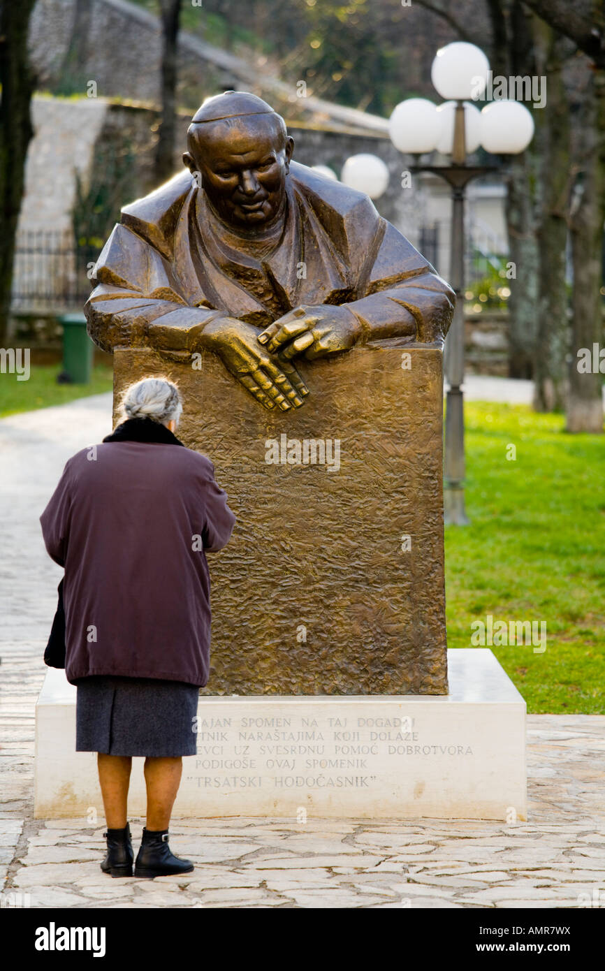 Statue honoring visit June 8, 2003 of Pope John Paul II to Rijeka in Croatia, in front of Church of Our Lady of Trsat Stock Photo