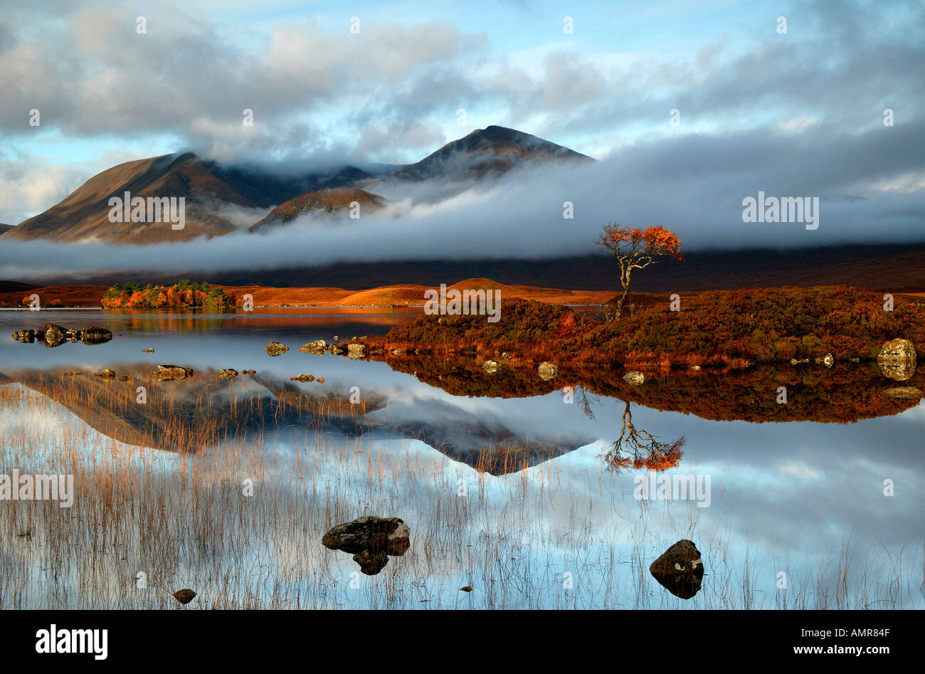 Mist at Sunrise on Rannoch Moor,  Lochan na-h Achlaise, Black Mount shrouded in mist with reflections Lochaber Highlands Scotland UK Stock Photo