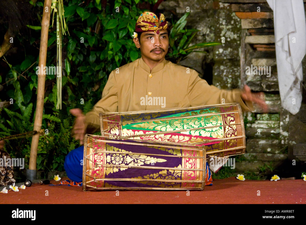 Man Playing Gamelan Drums Ubud Palace Bali Indonesia Stock Photo