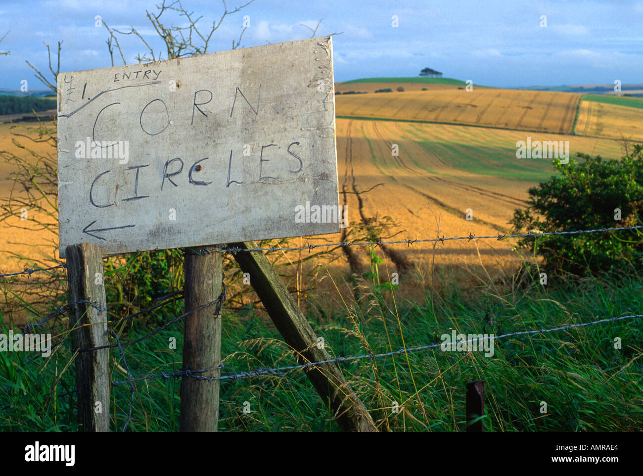 Sign charging entrance fee to view crop circle Stock Photo