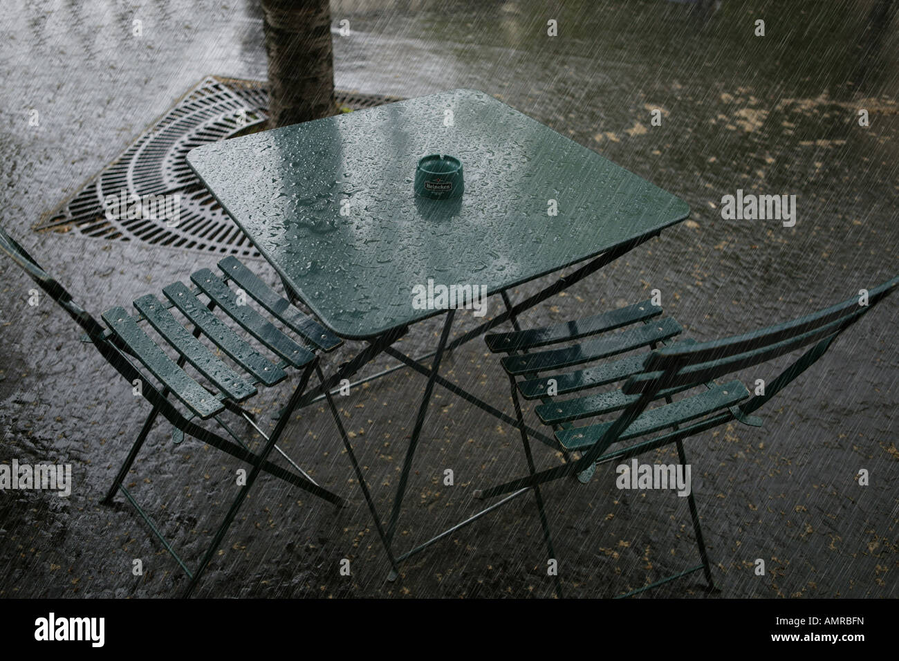 Garden furnitures in rainy weather Stock Photo