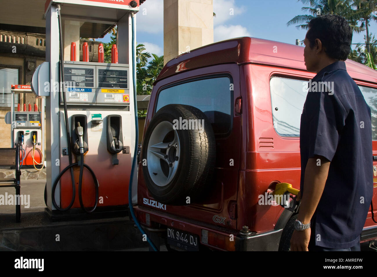 Jeep Filling up with Petrol at a Preimum Gas Station Bali Indonesia Stock Photo