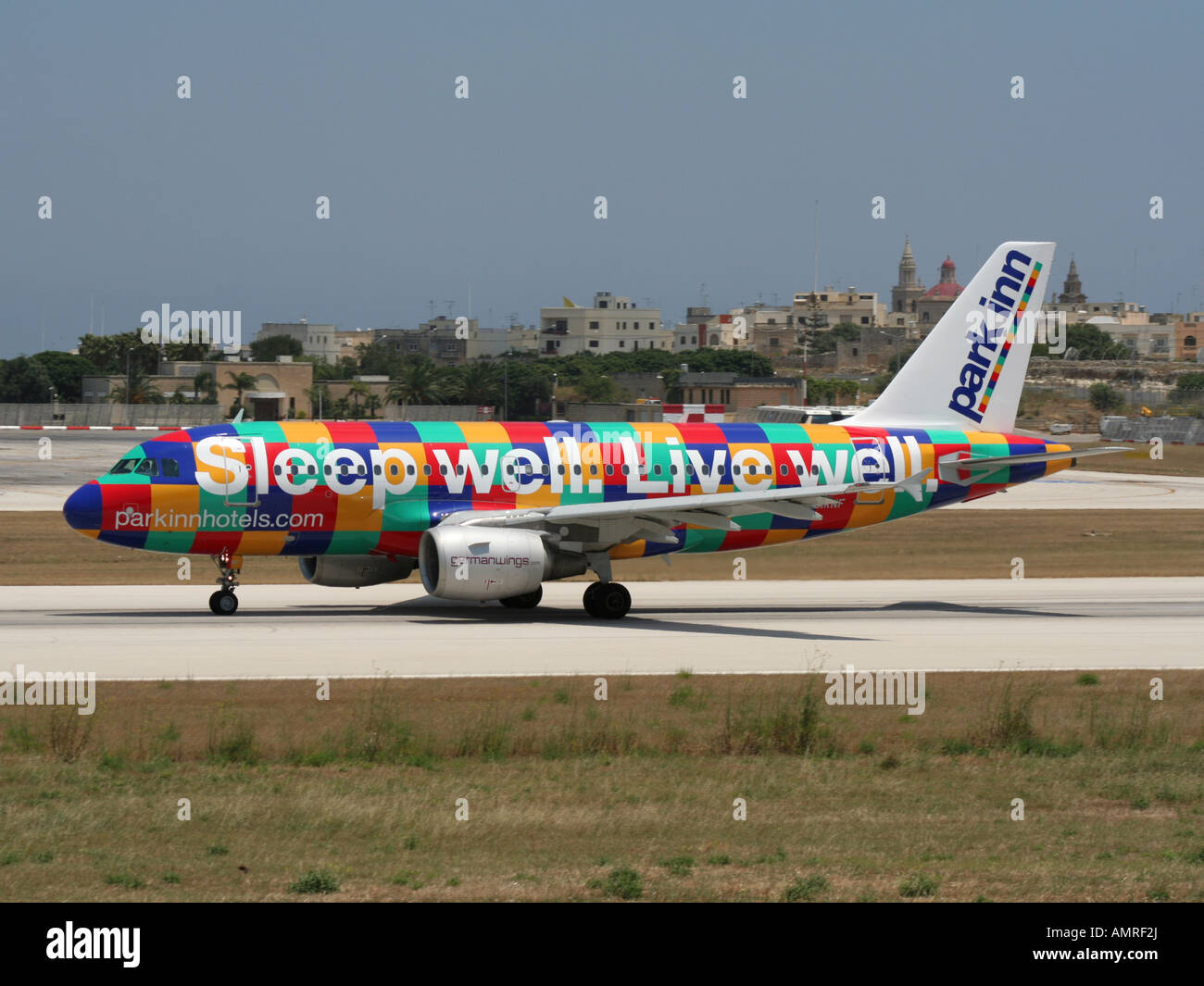 Germanwings Airbus A319 in a special Park Inn Hotel colour scheme departing from Malta International Airport Stock Photo