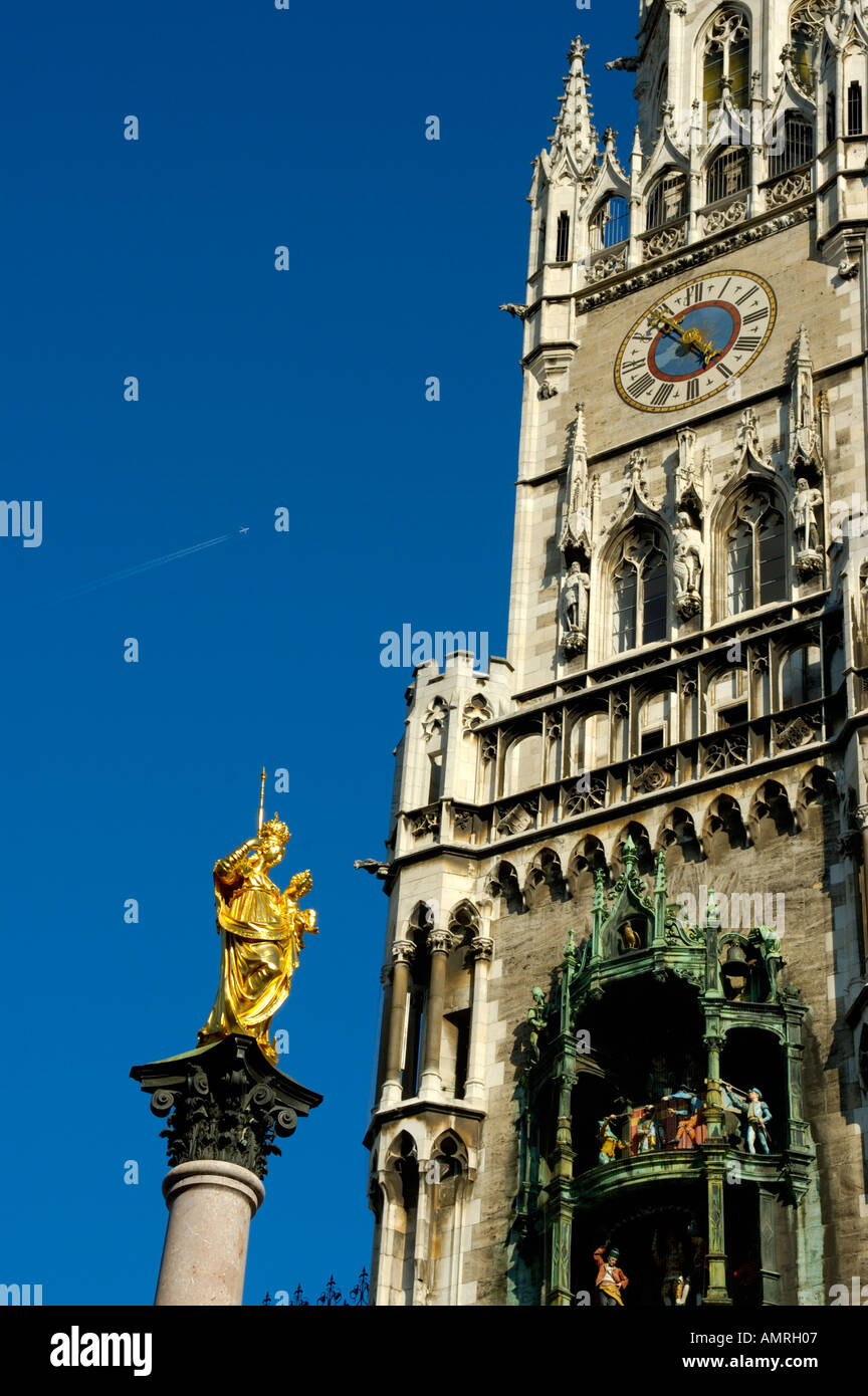 Cityhall with tower and column of Maria Marienplatz Munich Bavaria Germany Stock Photo