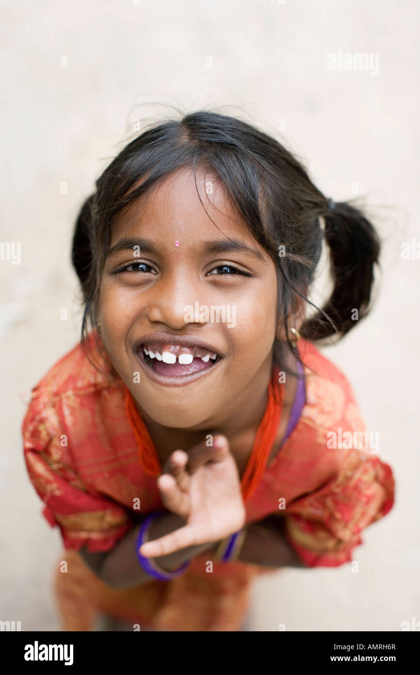 Young Indian girl smiling portrait. Andhra Pradesh, India. Selective