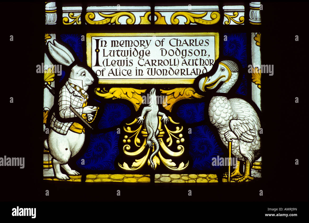 Lewis Carroll stained glass memorial window #1, Daresbury church, Cheshire, UK. Stock Photo