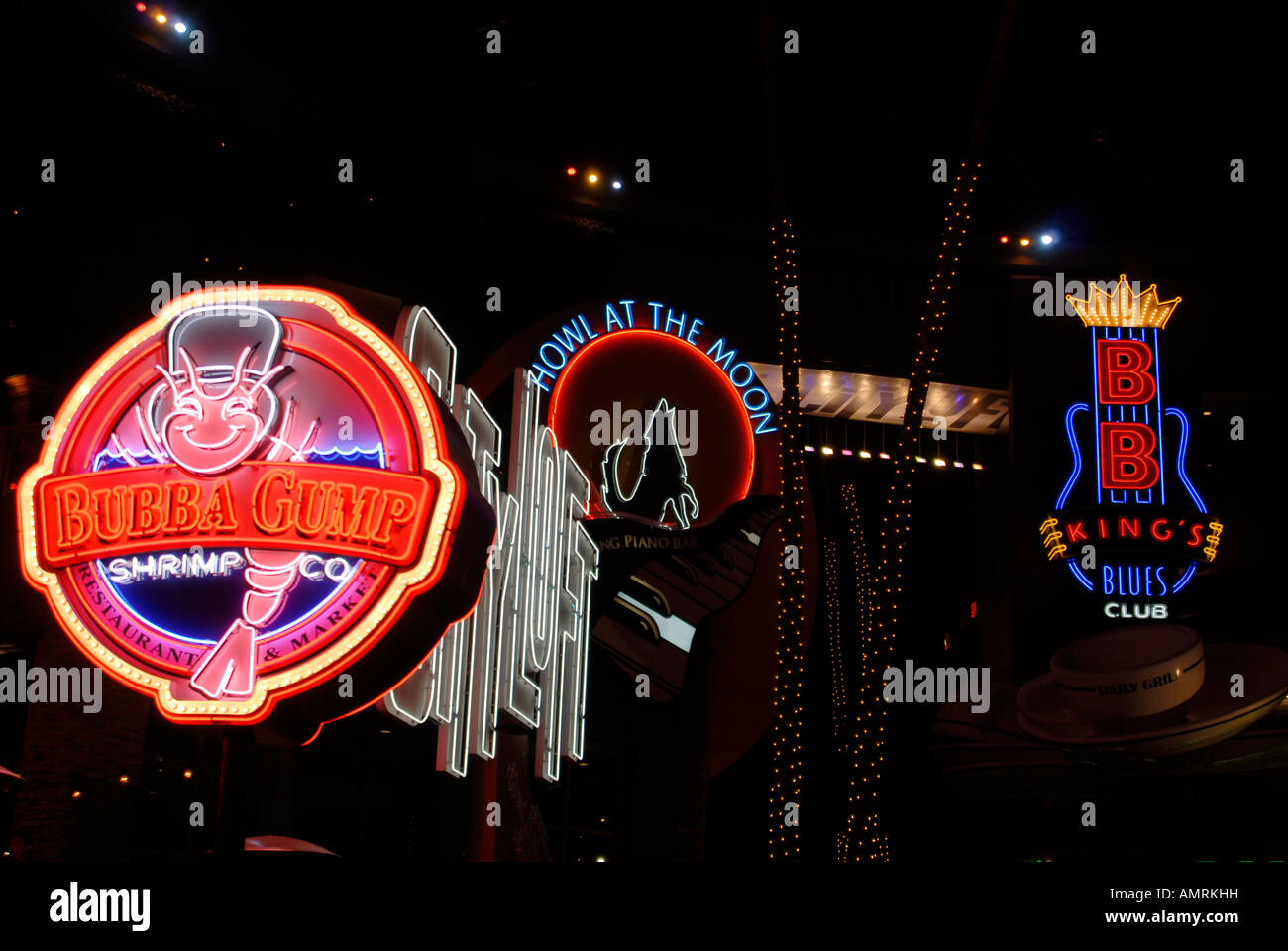 A neon lit Universal City Walk at Universal Studios, Hollywood, California Stock Photo