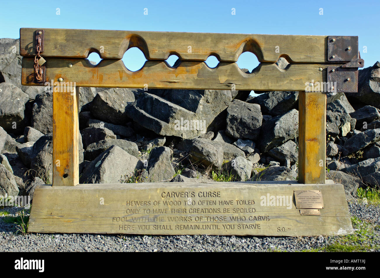 Wooden Stocks by Discovery Pier at Campbell River on Vancouver Island BC. Canada. BCX 0151. Stock Photo