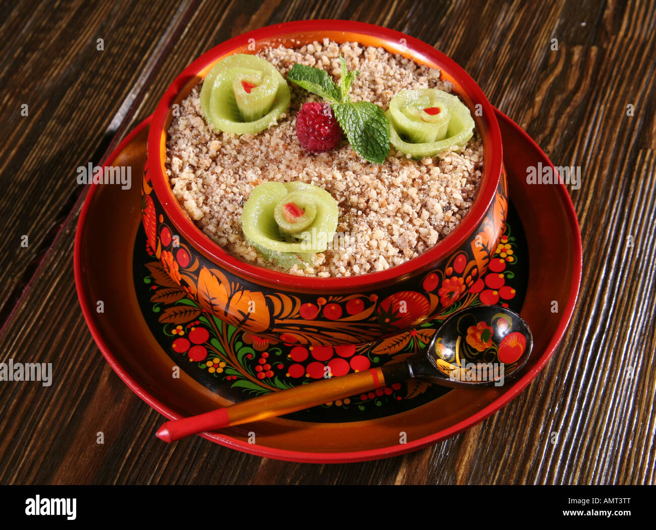 Cereal buckwheat and fruit in russian national dish Stock Photo