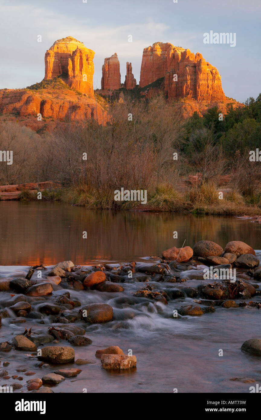 Sunset, Red Rock State Park, Red Rock Crossing, Oak Creek, Cathedral Rock, near Sedona, Arizona, USA, North America. Stock Photo