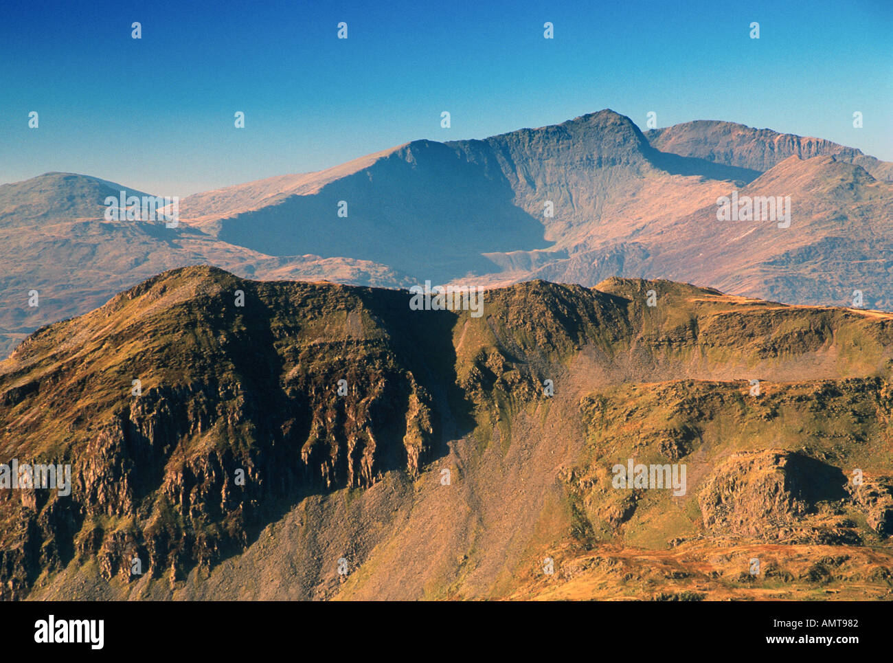 Snowdon and Cnicht Mountains from Moelwyn Mawr Snowdonia North West Wales Stock Photo