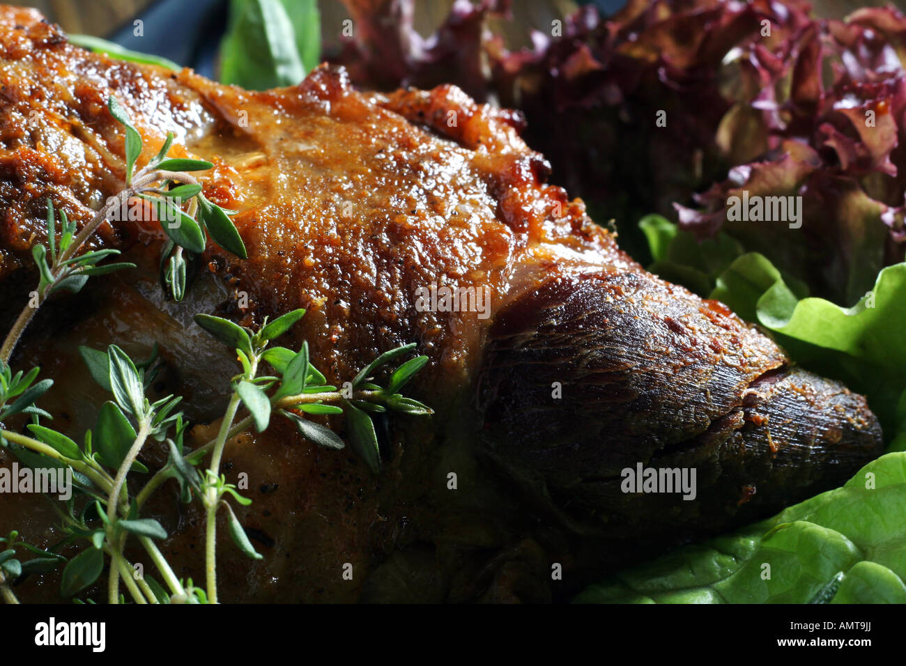 Fired mutton meat detail and close up with vegetable Stock Photo