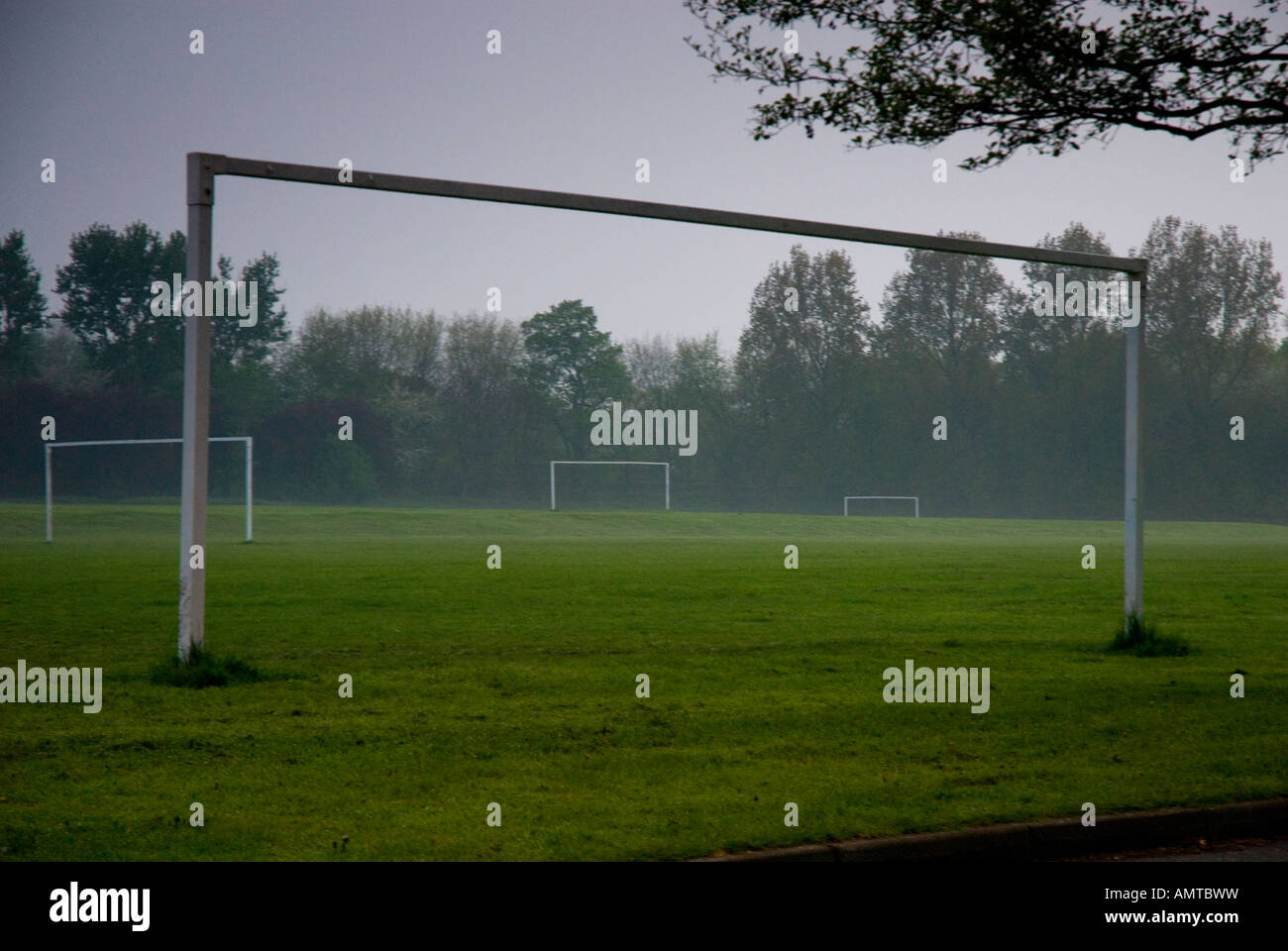 Football pitch showing goalposts and trees in distance Stock Photo Alamy