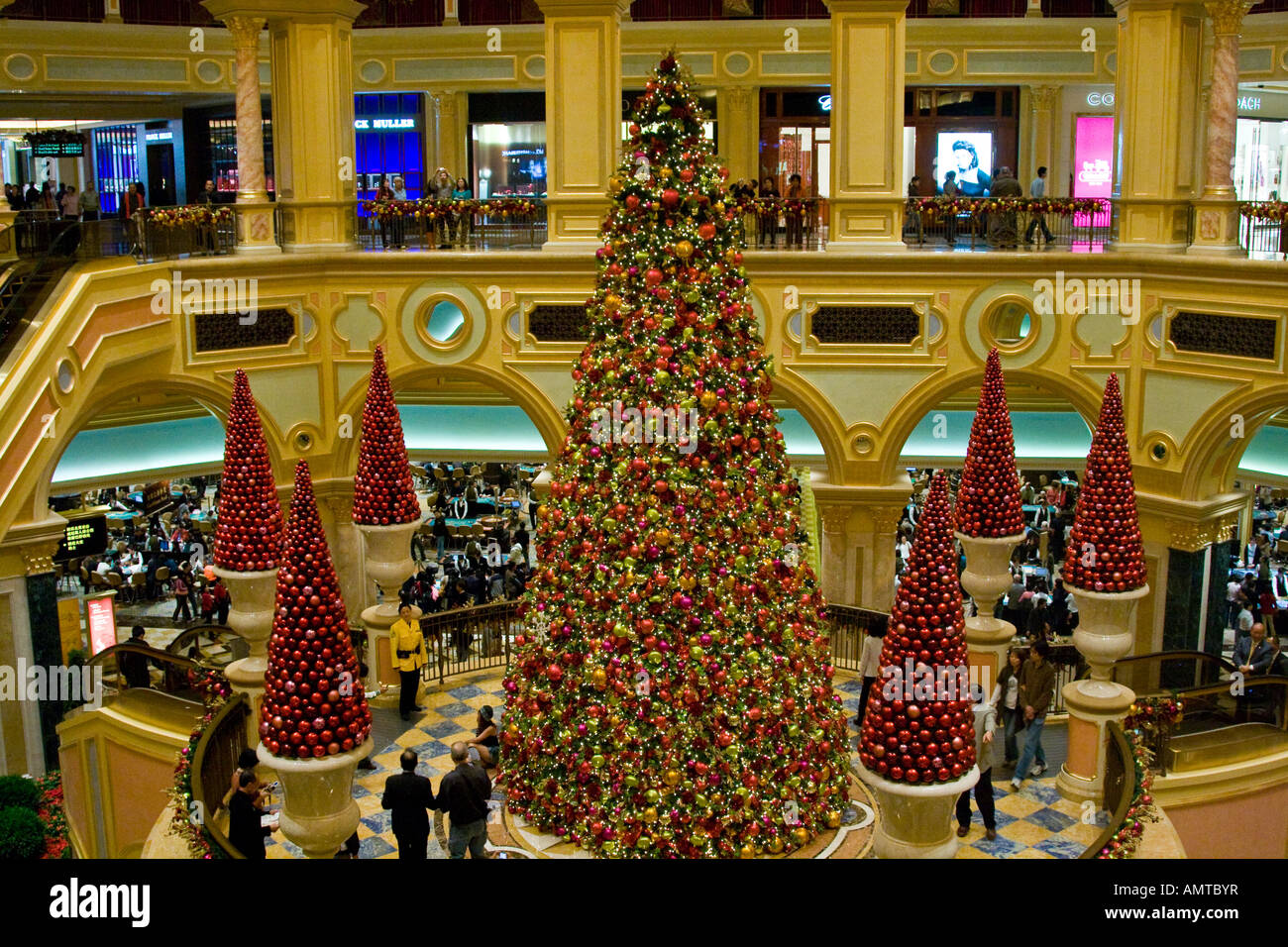 Decorated Christmas Tree inside the Venetian Hotel and Casino Macau Stock Photo