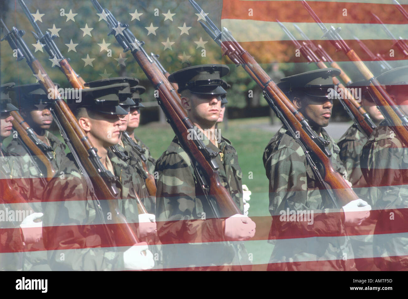 American flag blended with Marines marching in front of the Iwo Jima