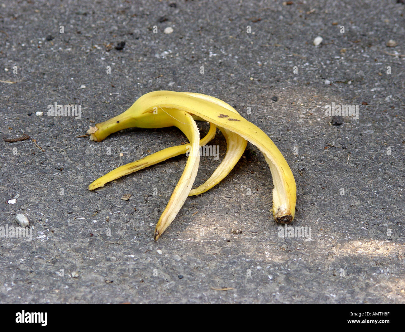 Banana skin on the road as symbol for slipping falling down etc  Stock Photo