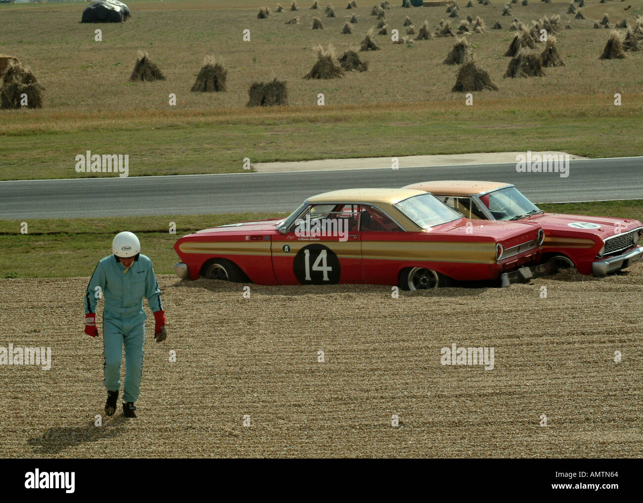 A brace of Ford Falcon Sprints stranded in the gravel at the Goodwood Revival Stock Photo