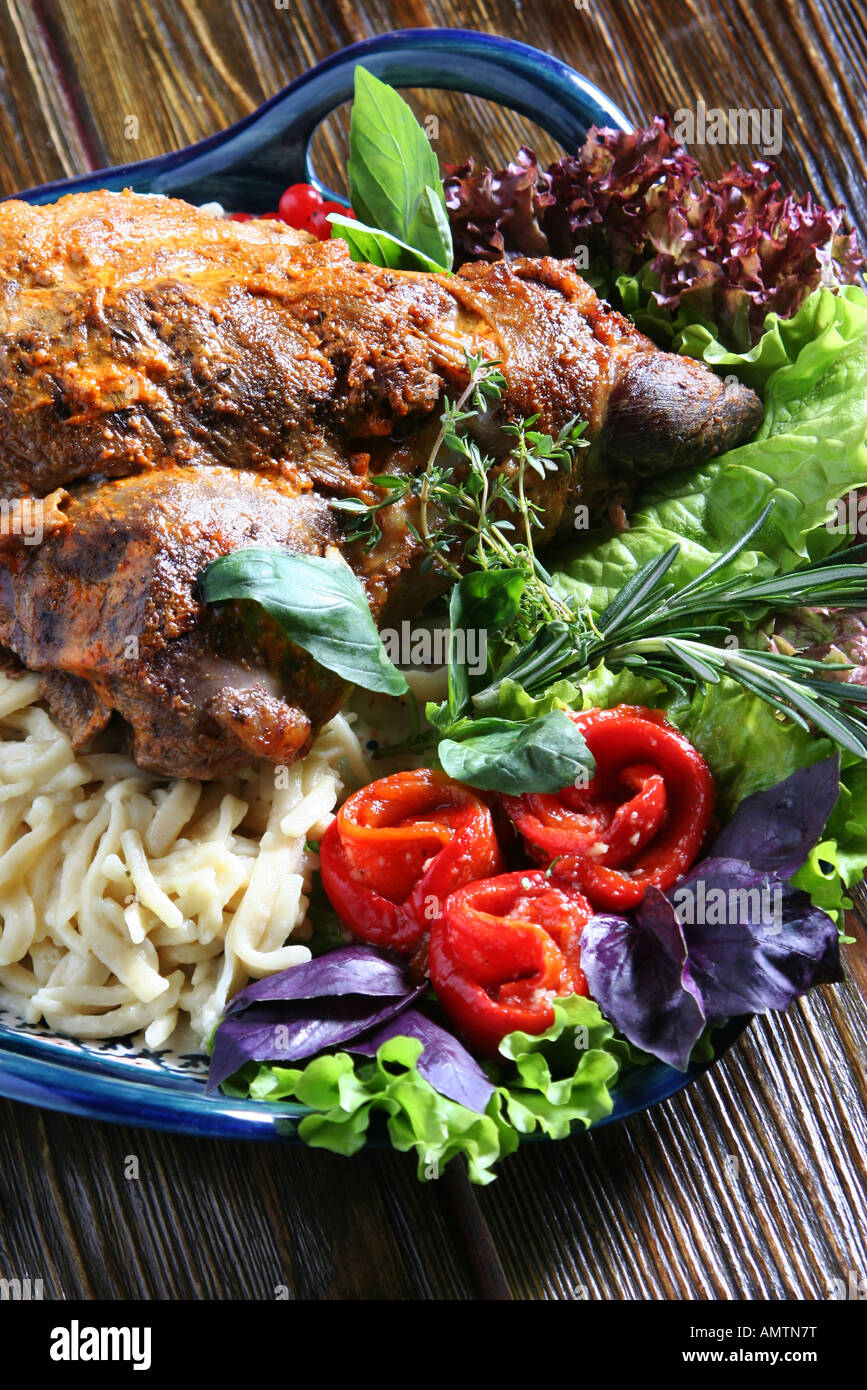 Fired mutton meat with vegetable and noodle Stock Photo
