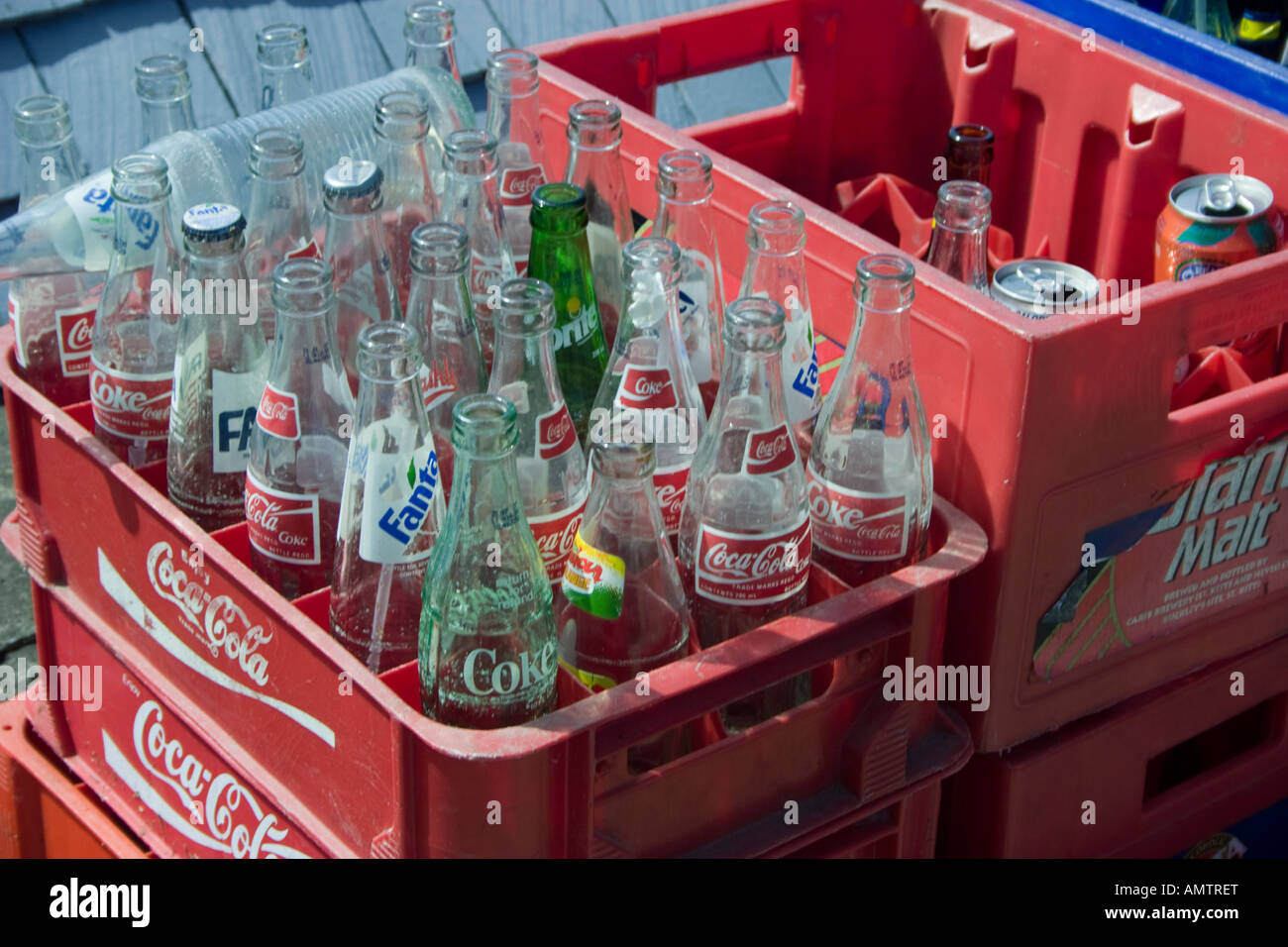 crates of empty beverage containers stored for recycling on Saint Kitts