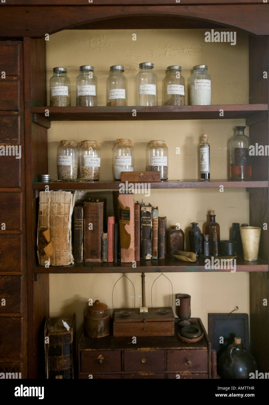 Medicines on display in a replica of a 19th Century doctor's office Stock Photo