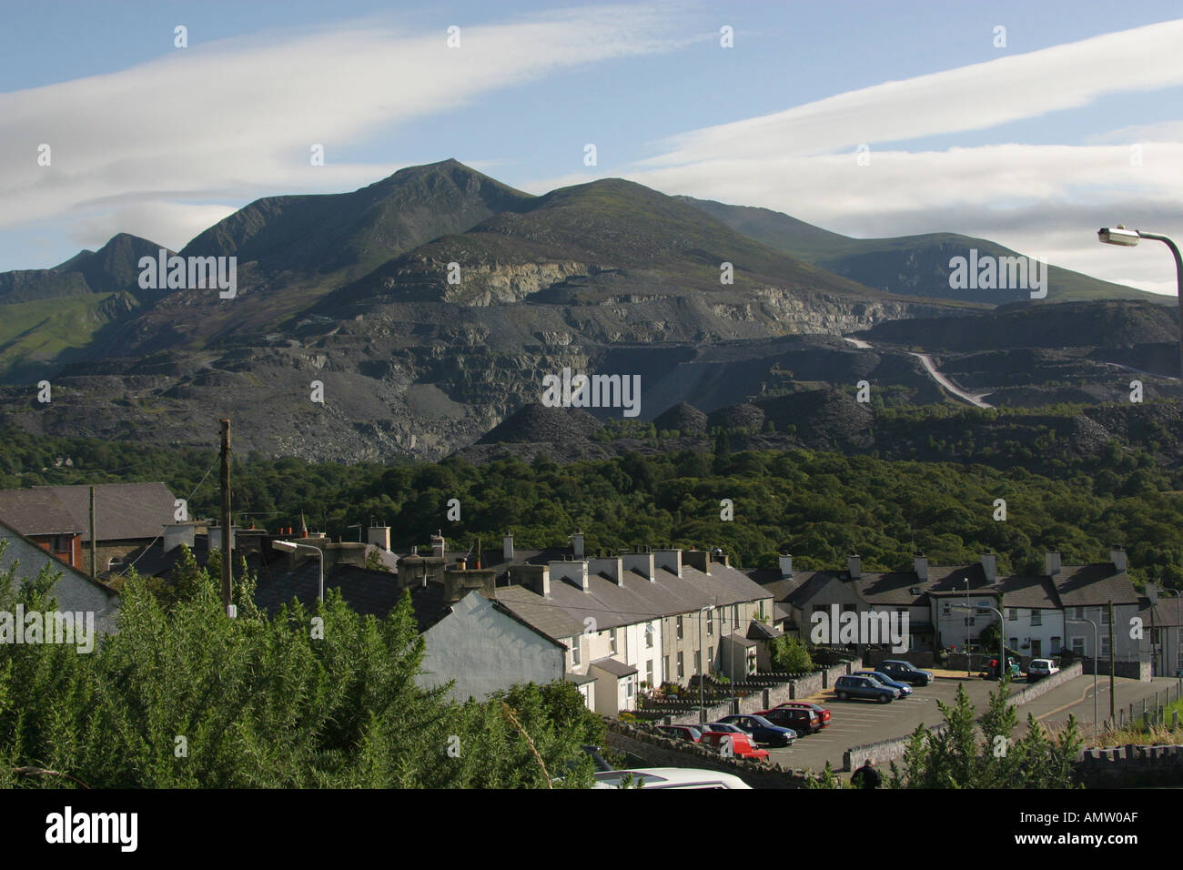 Quarry above Bethesda Gwynedd North Wales with row of terraced houses