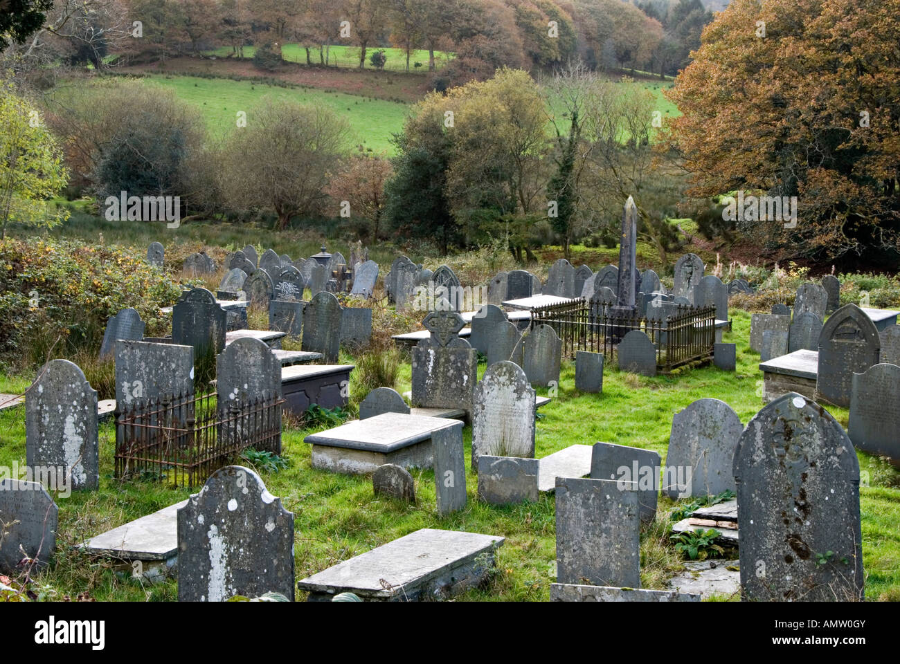 The churchyard of St Brothen's Church, Llanfrothen, Gwynedd, Wales, UK. A medieval church in the care of the Friends of Friendless Churches Stock Photo