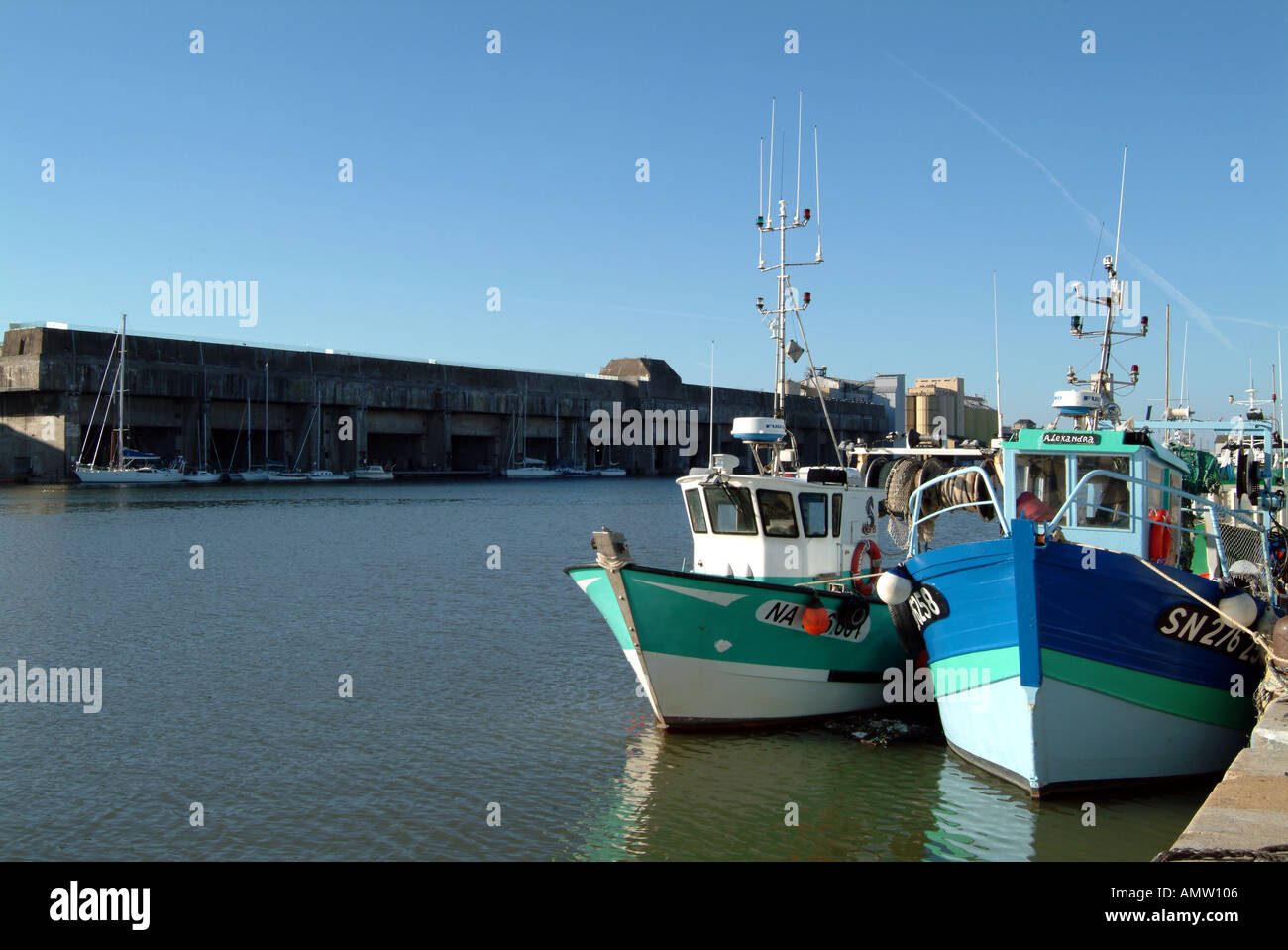 Fishing harbour and wartime submarine base St Nazaire France Stock Photo