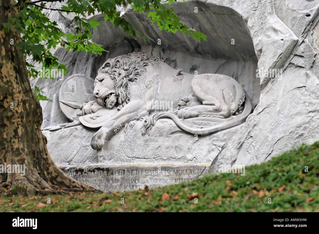 The Lion in Lucerne, Switzerland - The Dying Lion, Lucerne, Switzerland.  In honor of the Swiss Guards that fell in the Battle o Stock Photo