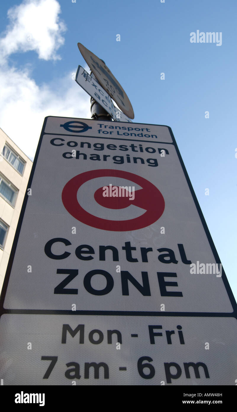 road sign indicating London’s central zone congestion charge area, and