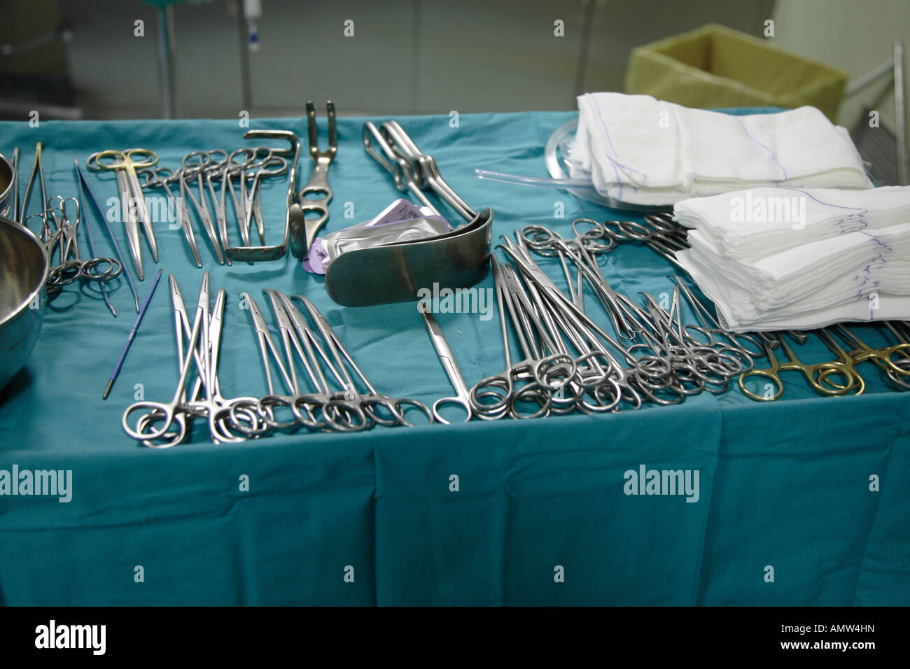 array of sterilized surgical instruments in operating theatre Stock Photo