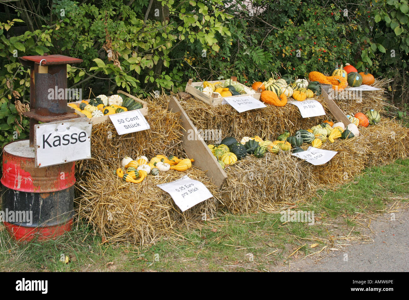 Sale of cucurbits at the road-side Stock Photo
