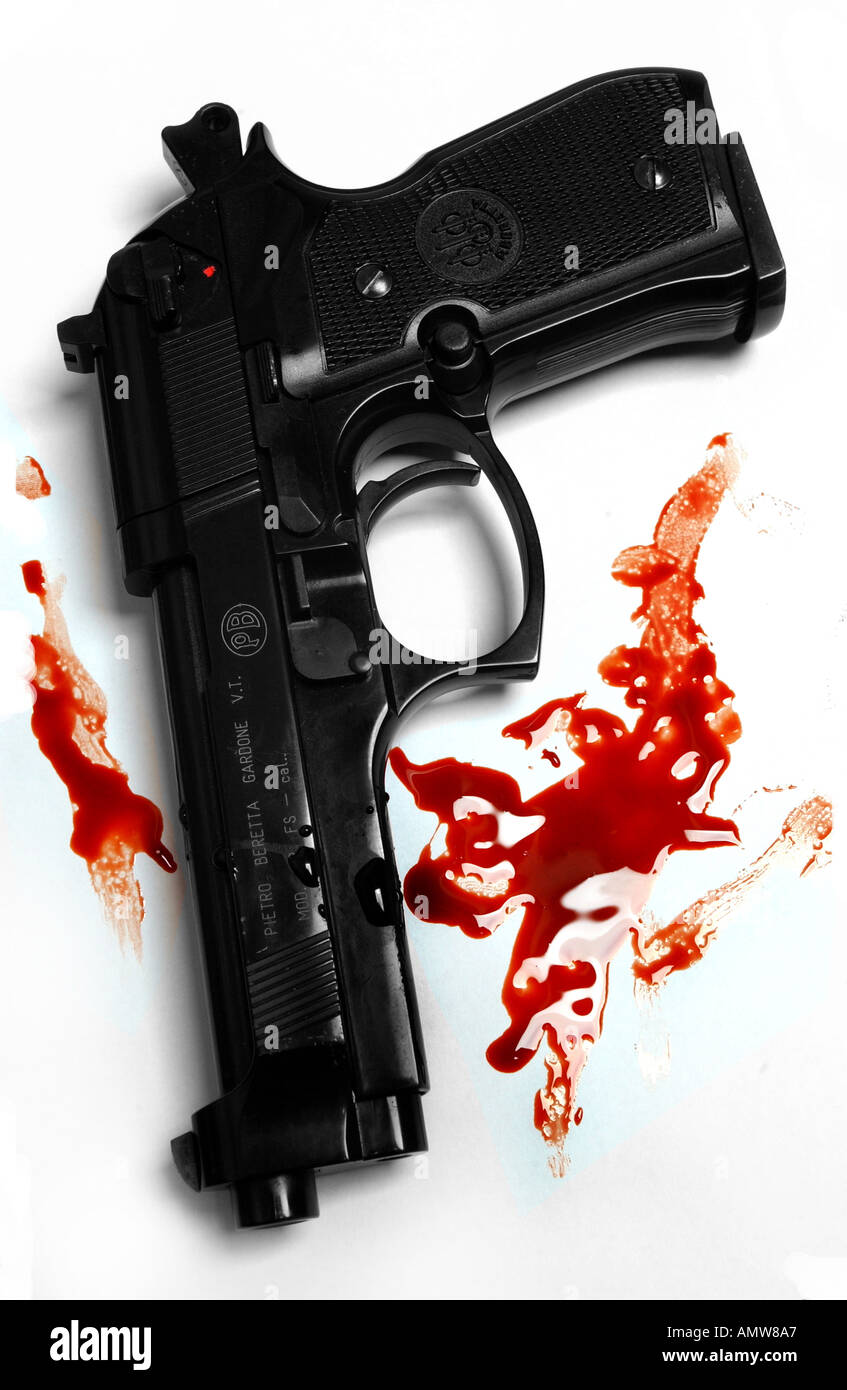 a beretta pistol gun with blood stains Stock Photo