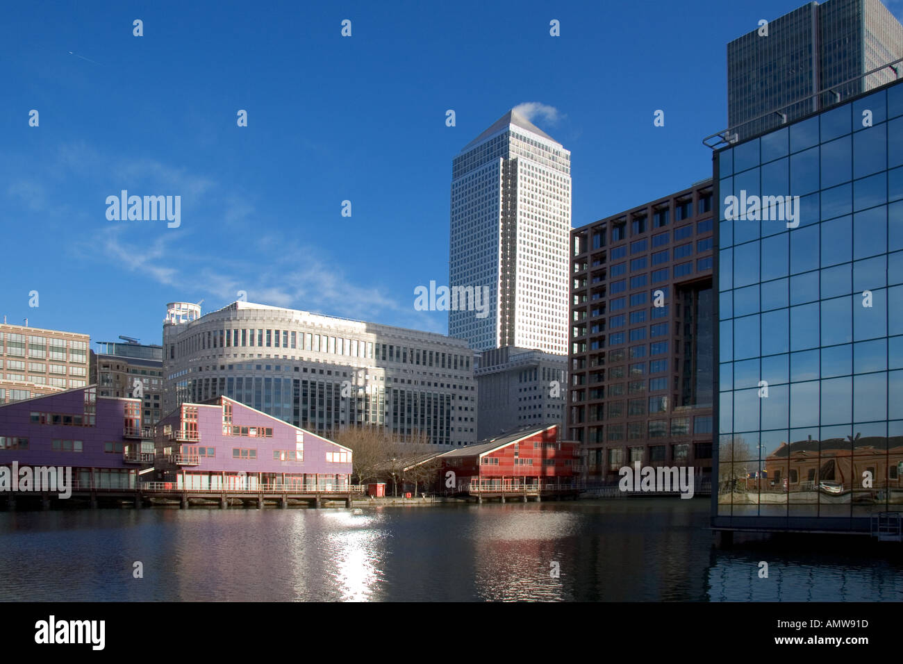 Modern buildings and Canary Wharf Tower in Docklands london UK Stock ...