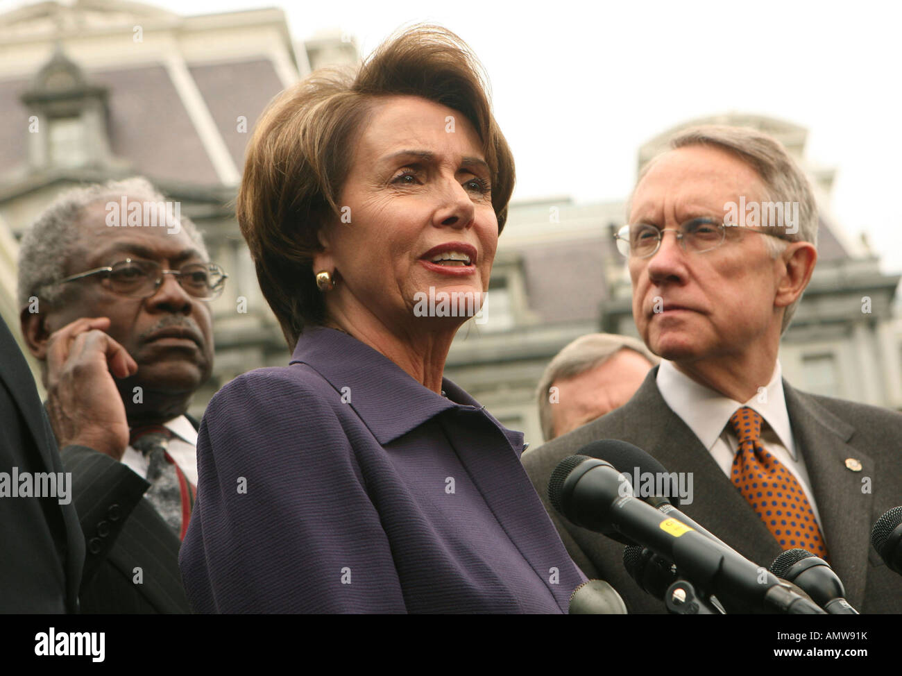 Speaker of the House Nancy Pelosi talks to media after meeting with President George W Bush on April 18, 2007. Stock Photo