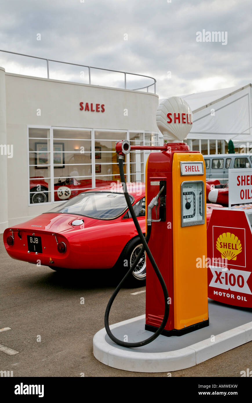 Long Riston Shell Garage Ferrari and Shell garage reconstruction at Goodwood Revival, Sussex, UK ...