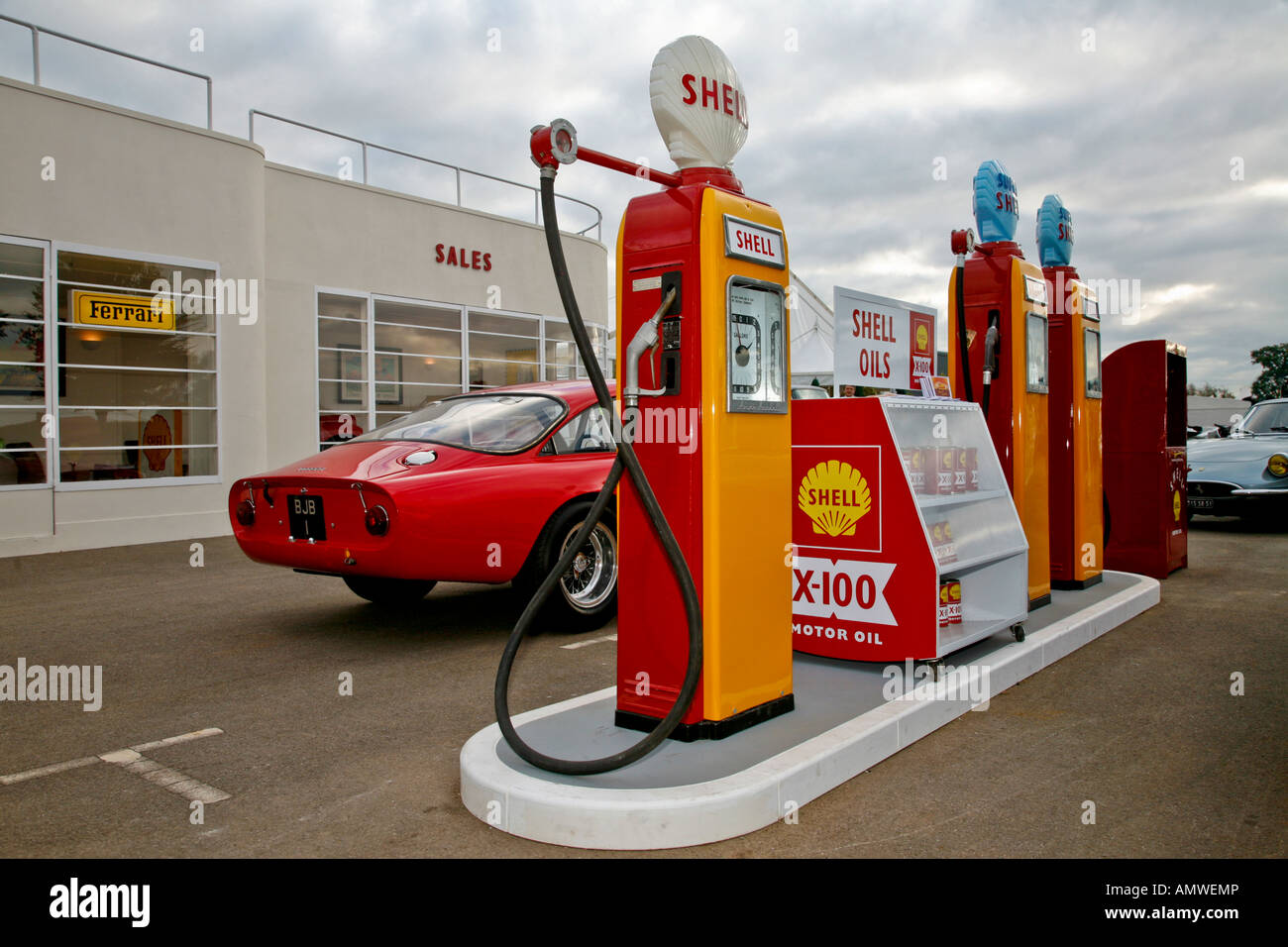 Ferrari and Shell garage reconstruction at Goodwood Revival, Sussex, UK