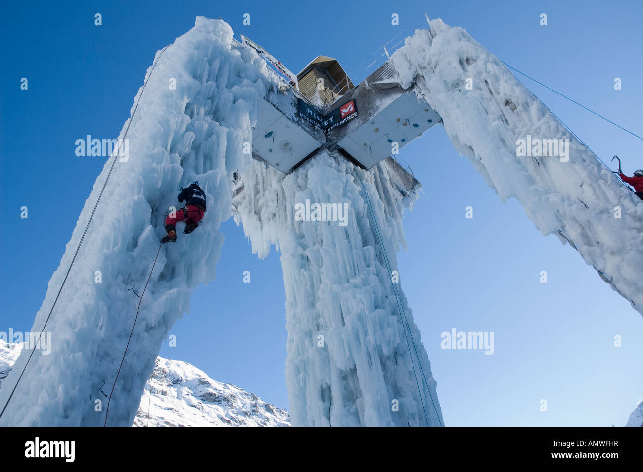 ice climber in Gorzderette ice climbing competition on ice tower at