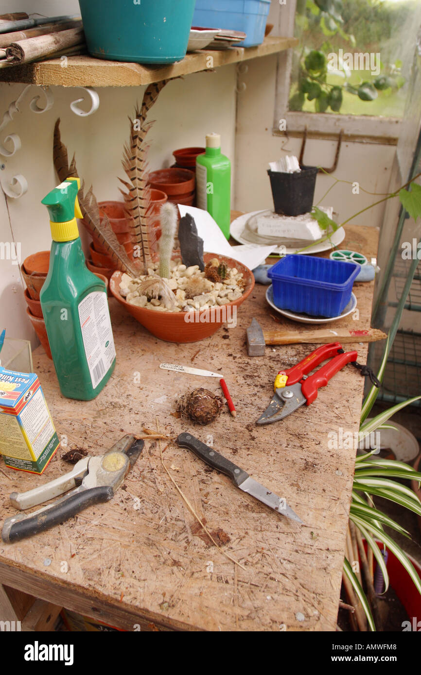Garden Potting Shed Gardening Tools And Equipment On Work Bench