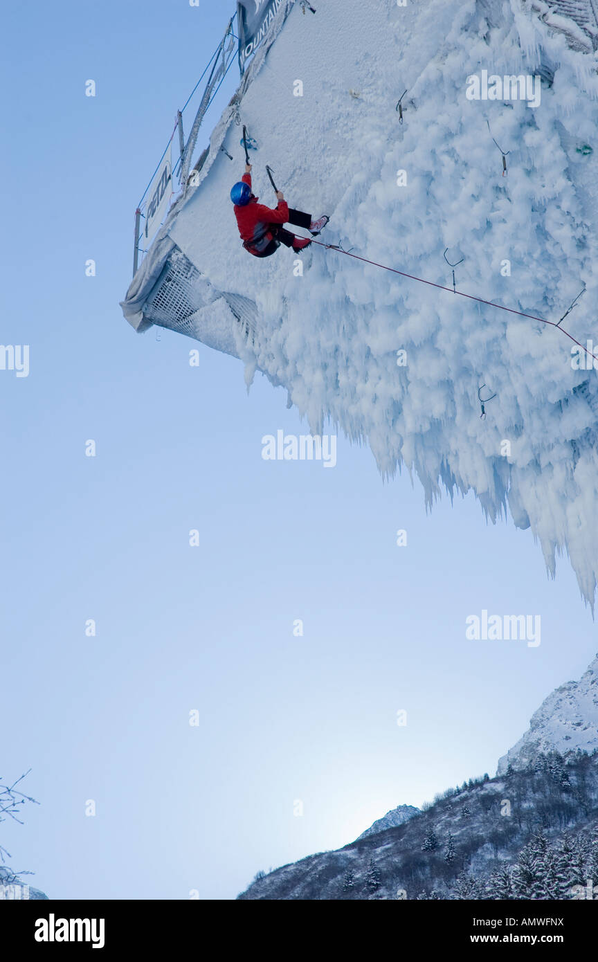 ice climber in Gorzderette ice climbing competition on ice tower at