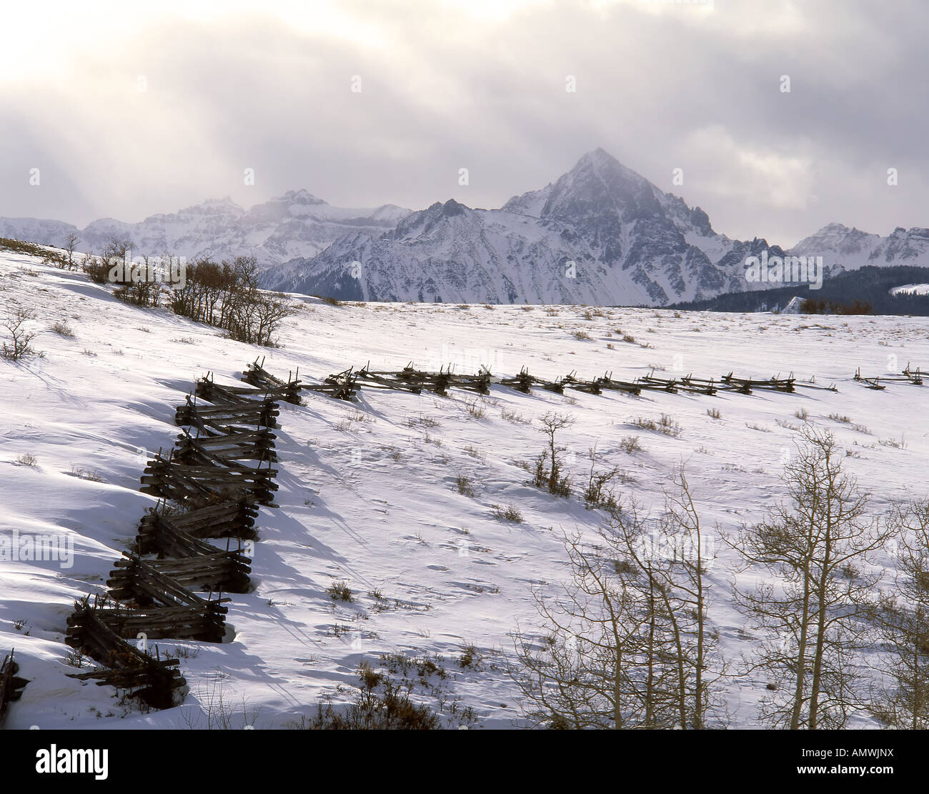 Mt Sneffels and aspen bole fence in winter, Colorado Stock Photo