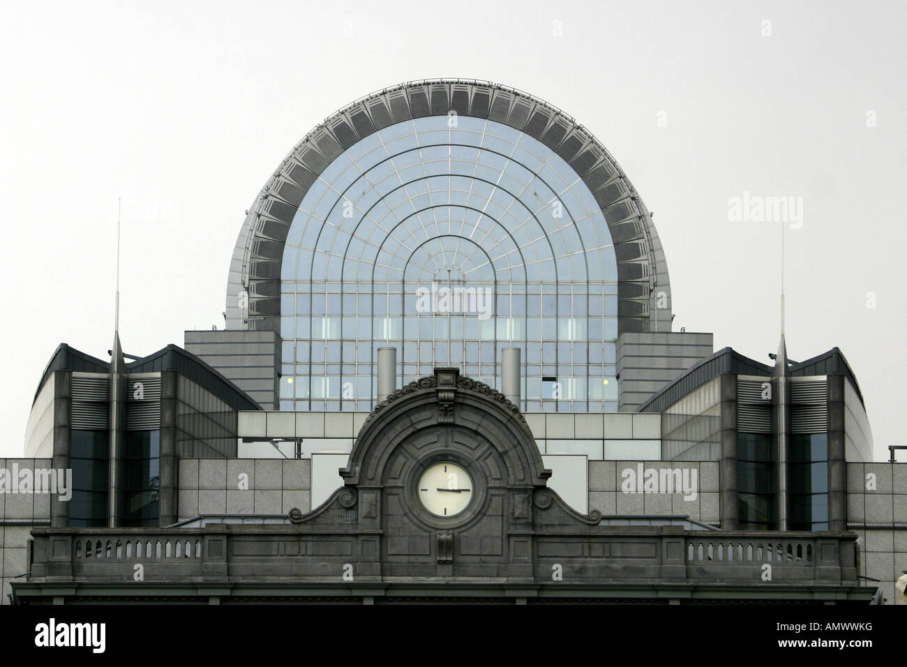 european parlament, in foreground odl railway station Gare Luxembourg, Belgium, Bruessel Stock Photo