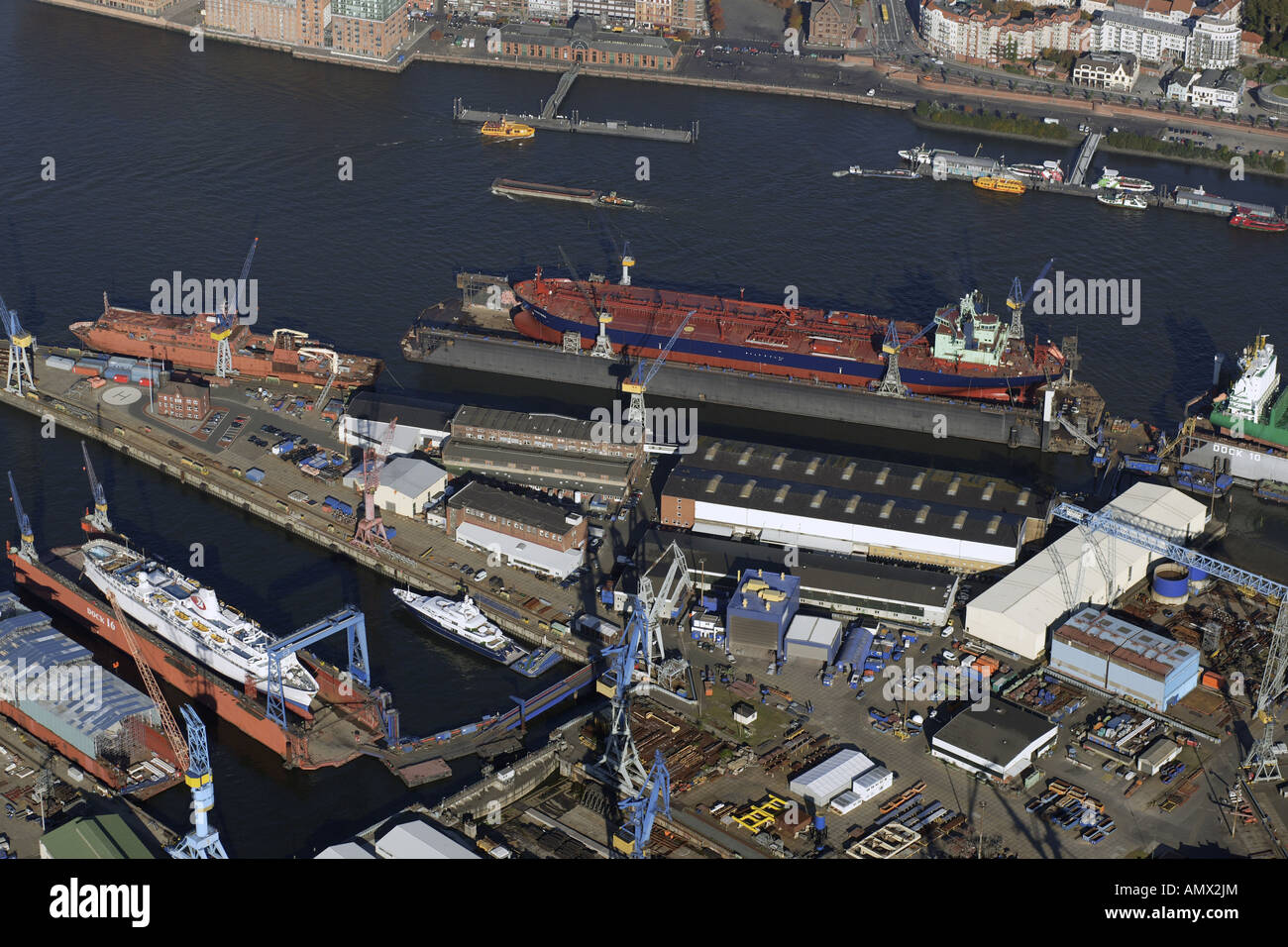 view of Fischmarkt (fish market), container ship in dry dock at
