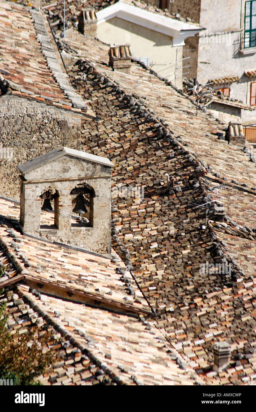 Caldarola roof tops with traditional tiles and a   small bell tower.Le Marche Italy Stock Photo
